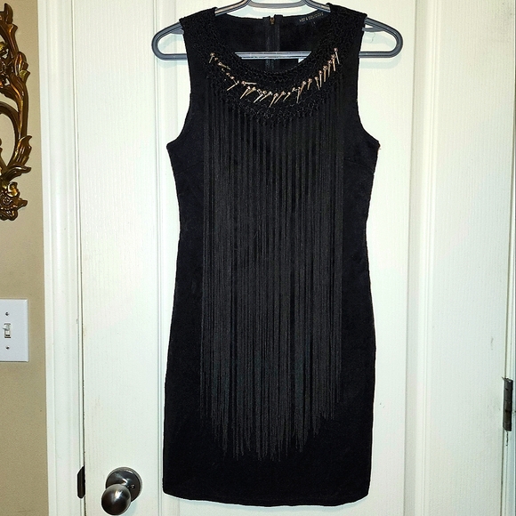 Black fringe tank style bodycon dress with spiked studs and fringe sz Large NWT - Picture 2 of 12